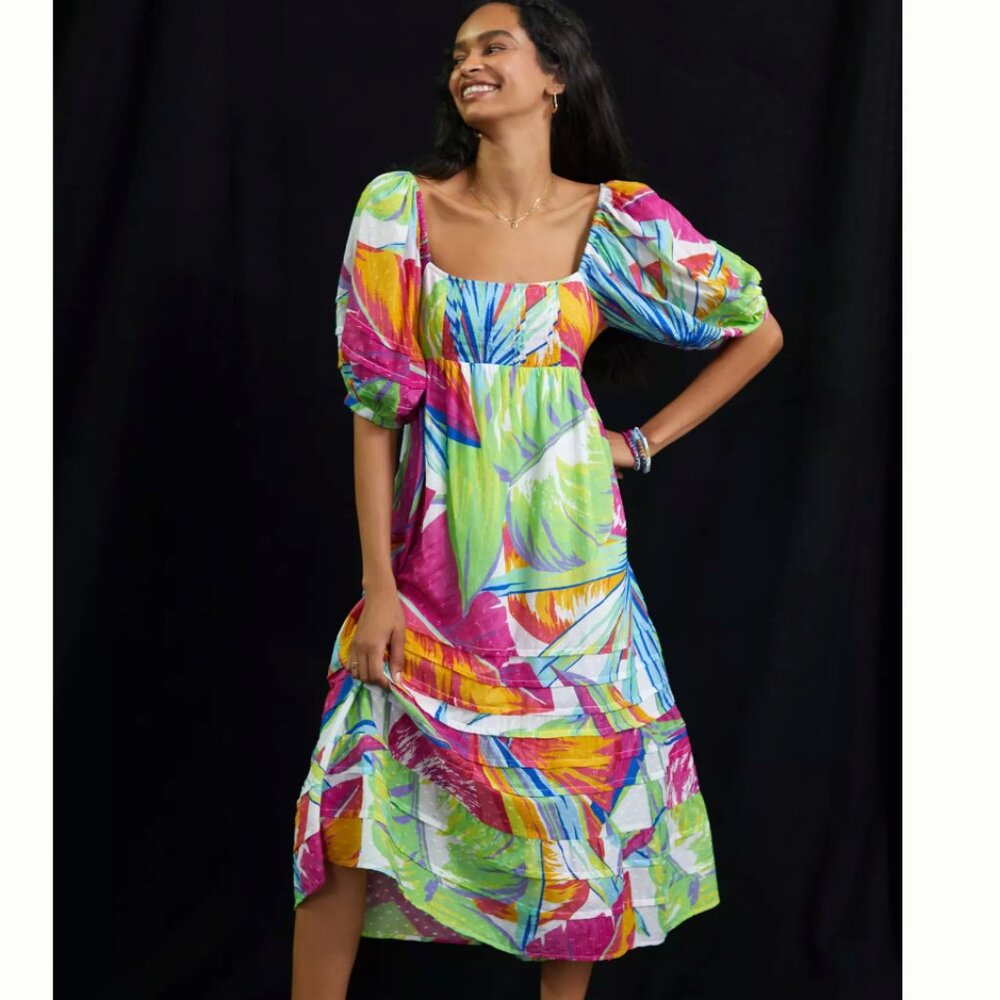 Farm Rio Rainbow Leaves Open Back Midi Dress, XL